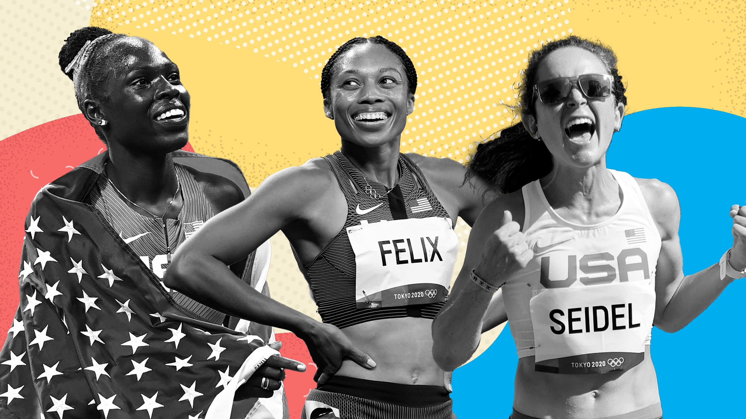 Athing Mu, Allyson Felix, and Molly Seidel picture on a colorful background representing running stories of 2021