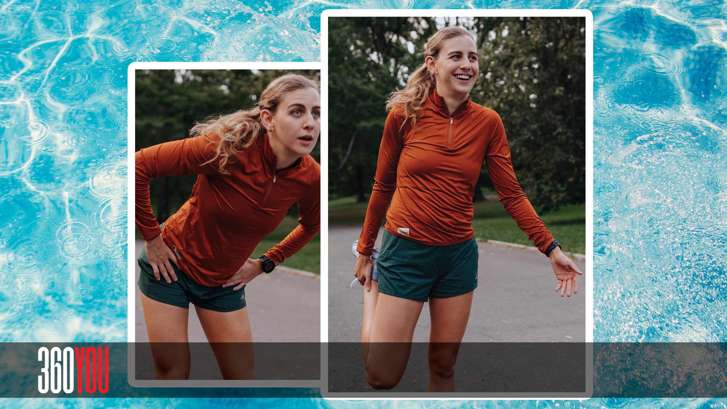 two photos of mary cain superimposed on a swimming pool background