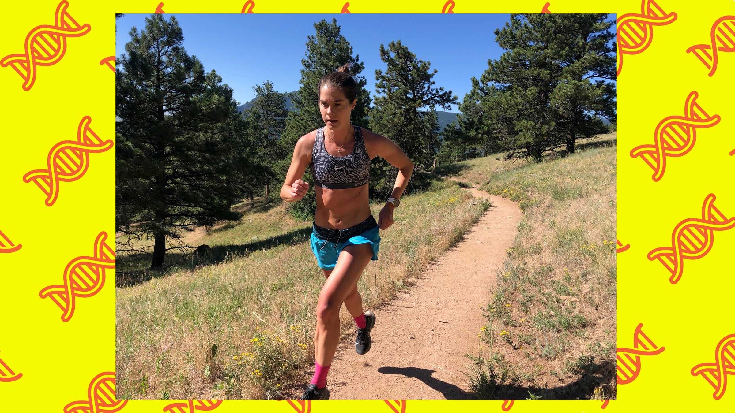 Photo of Megan Roche, lead researcher for FASTR, trail running on top of a yellow and orange background of DNA