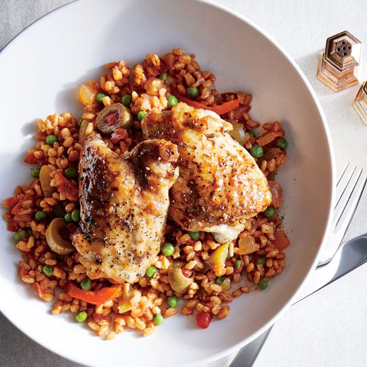 one-pot chicken and farro; great spring recipe