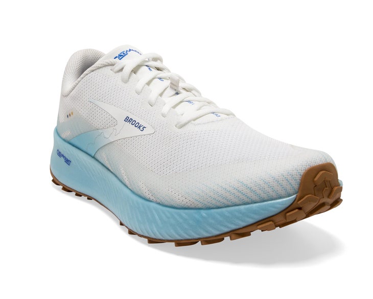 brooks catamount women's, a great gravel running shoe, in white and light blue