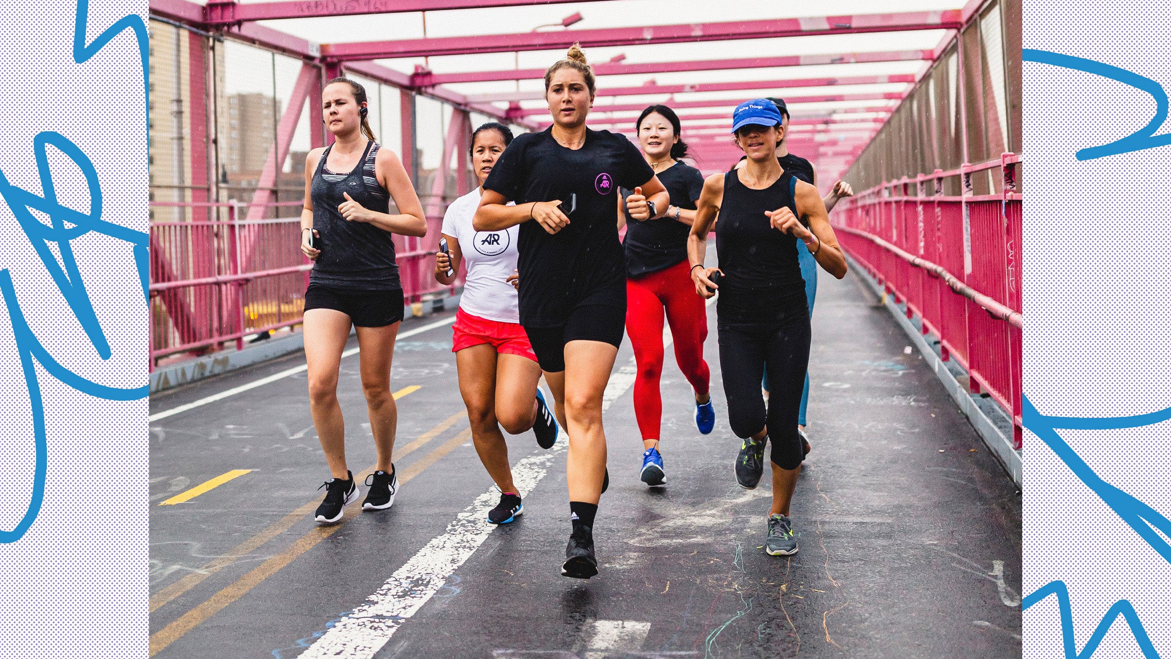 a group of women of different races run together on a bridge, an inclusive running group