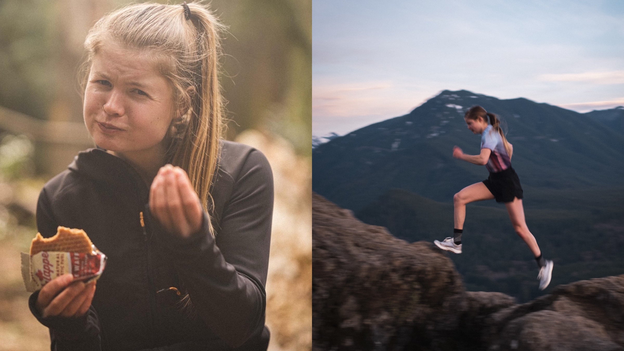 Allie Ostrander runs up a mountain and, in another image, is eating a stroop wafel