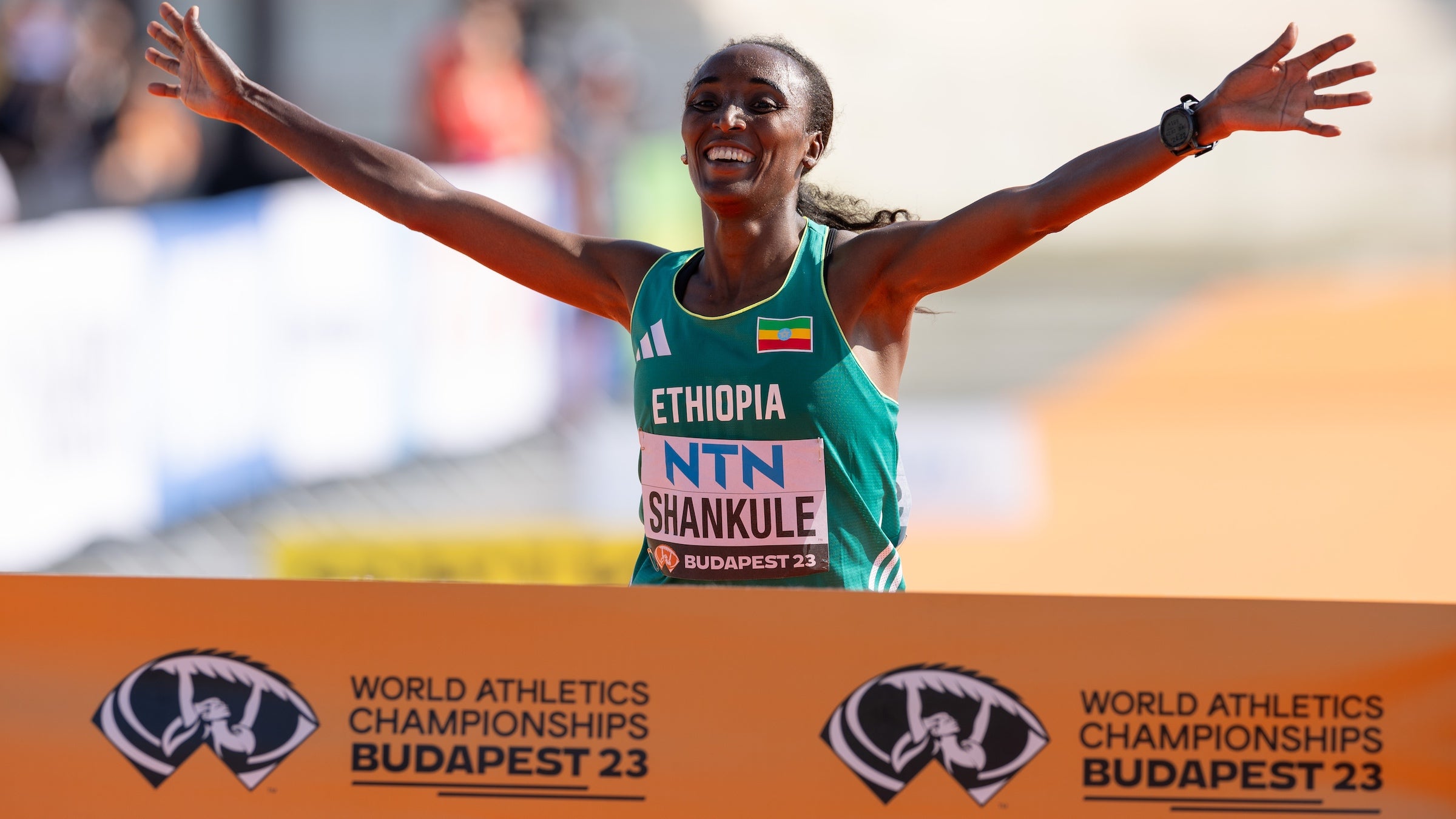 Amane Beriso Shankule of Ethiopia approaches finish line of the women's Marathon Final during day eight of the World Athletics Championships Budapest 2023 at Heroes Square on August 26, 2023 in Budapest, Hungary.