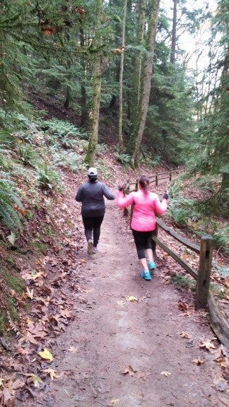 Mirna and the PR Director of the Providence Health trail running in Forest Park.