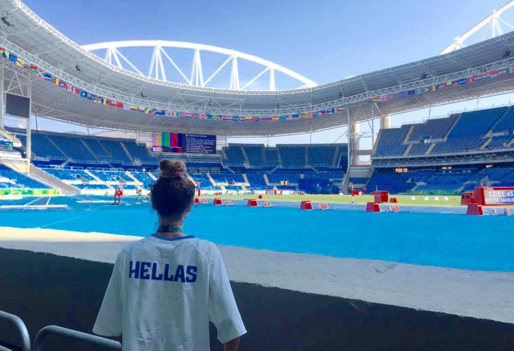 Alexis Pappas looks out at the Olympic track, where she will race the 10,000 meters for Greece, for the first time.