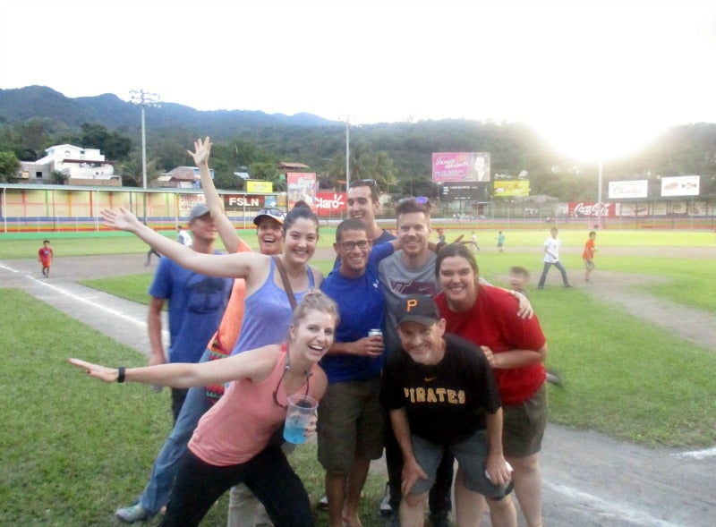 Running around the bases at a local baseball game!