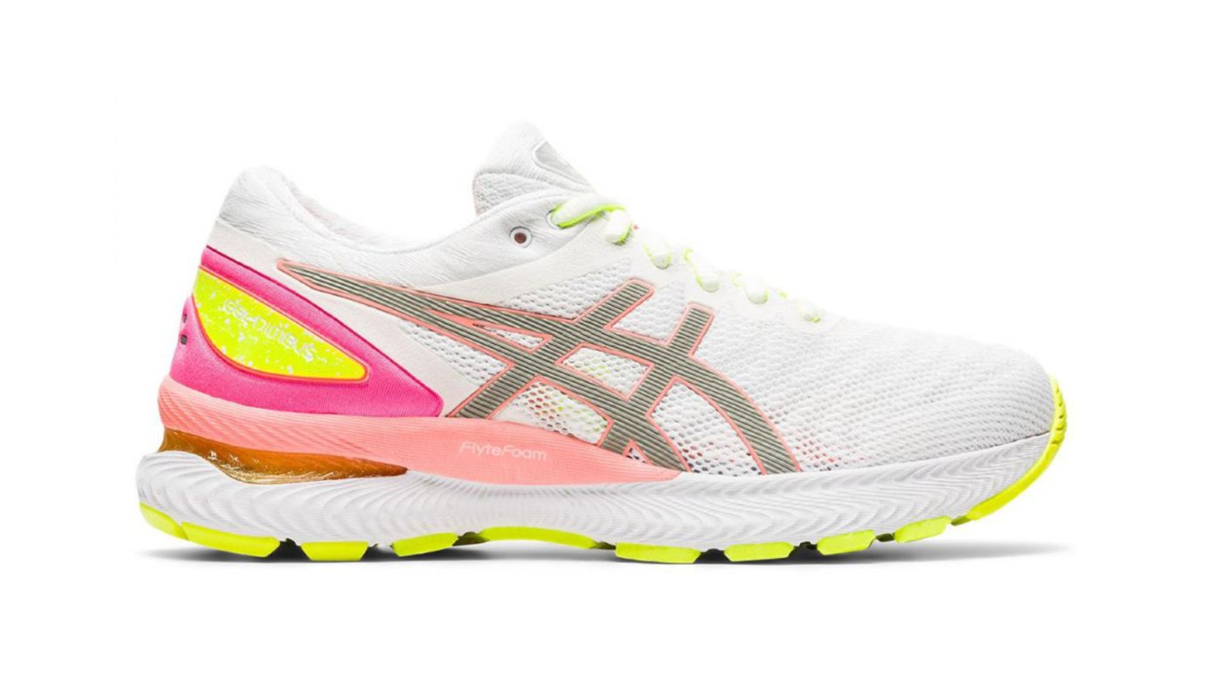 White, coral, and yellow Asics