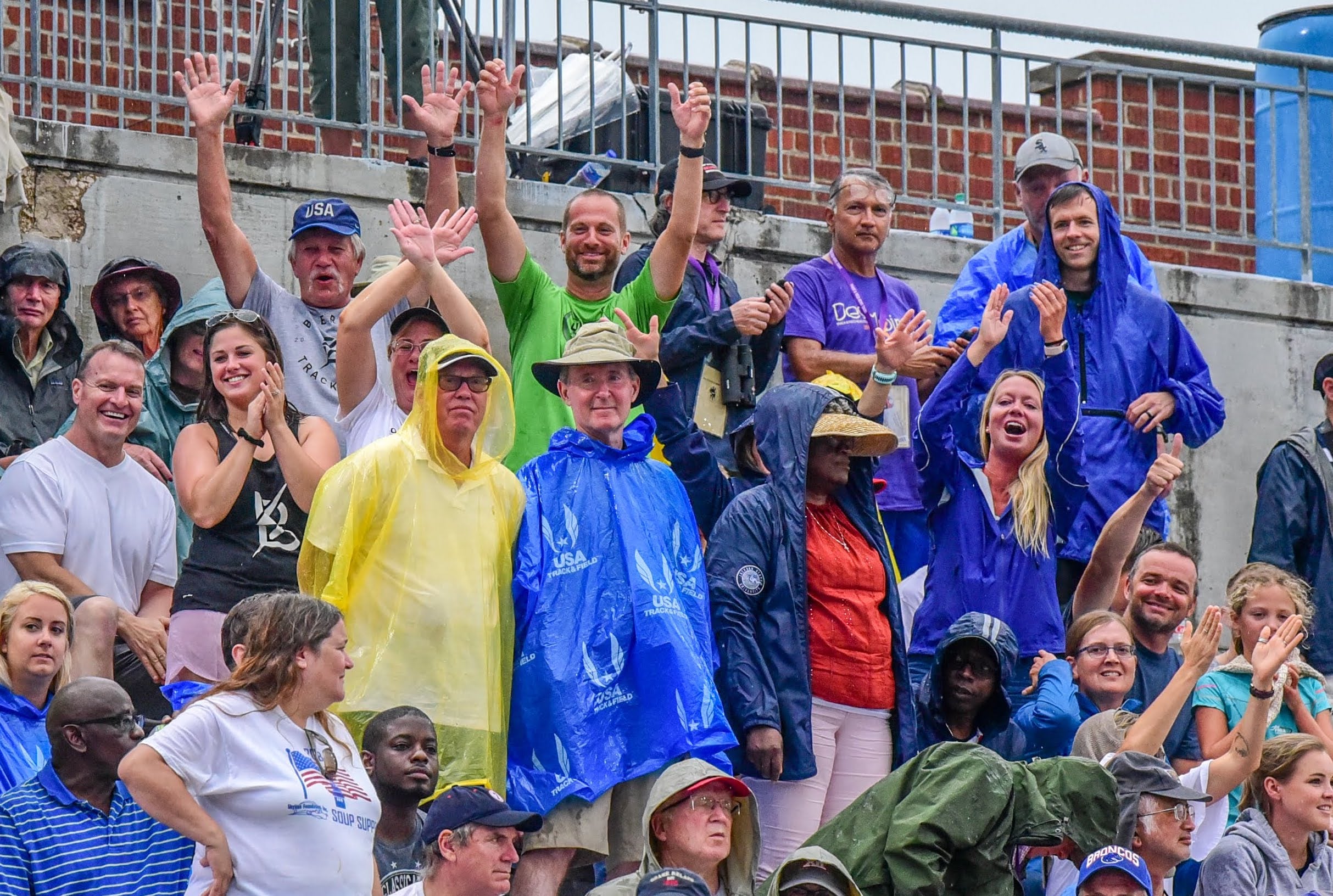 Shelby Houlihan's cheering squad celebrate her 5,000-meter win at the 2019 U.S.A. Track & Field Outdoor Championships.
