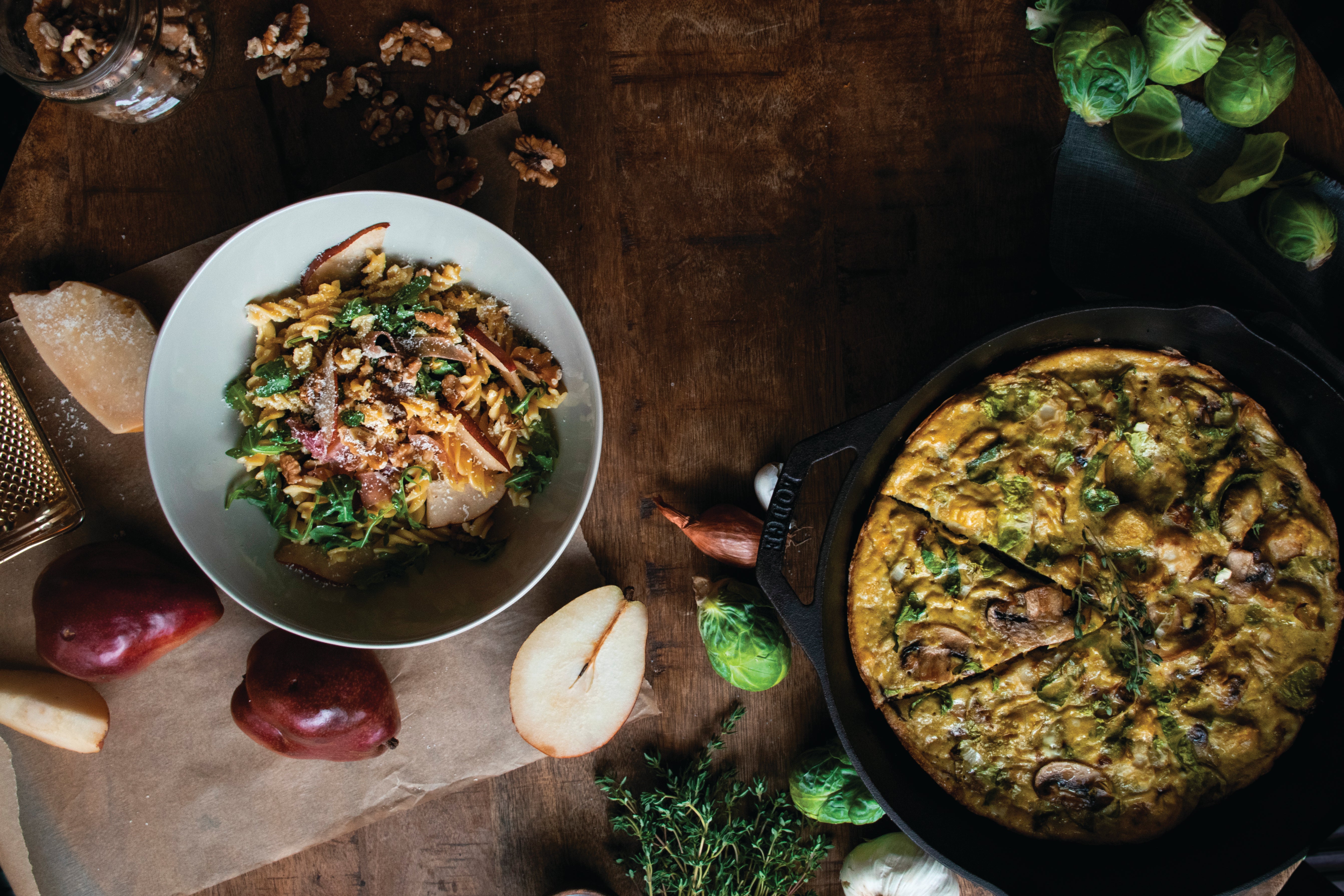 Fall season easy weeknight dinner recipes: Pear Prosciutto Pasta and Brussels Sprouts Frittata