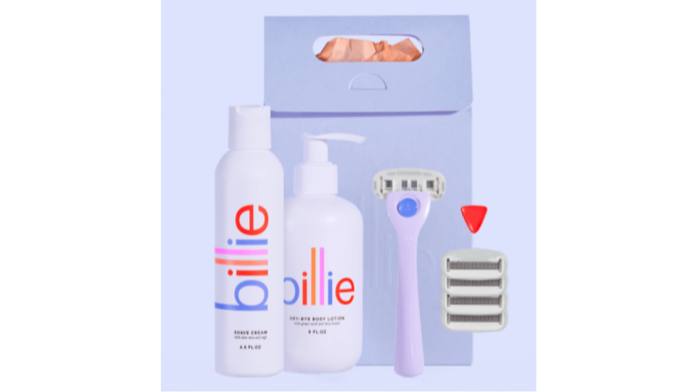 Billie shaving products on lavender background
