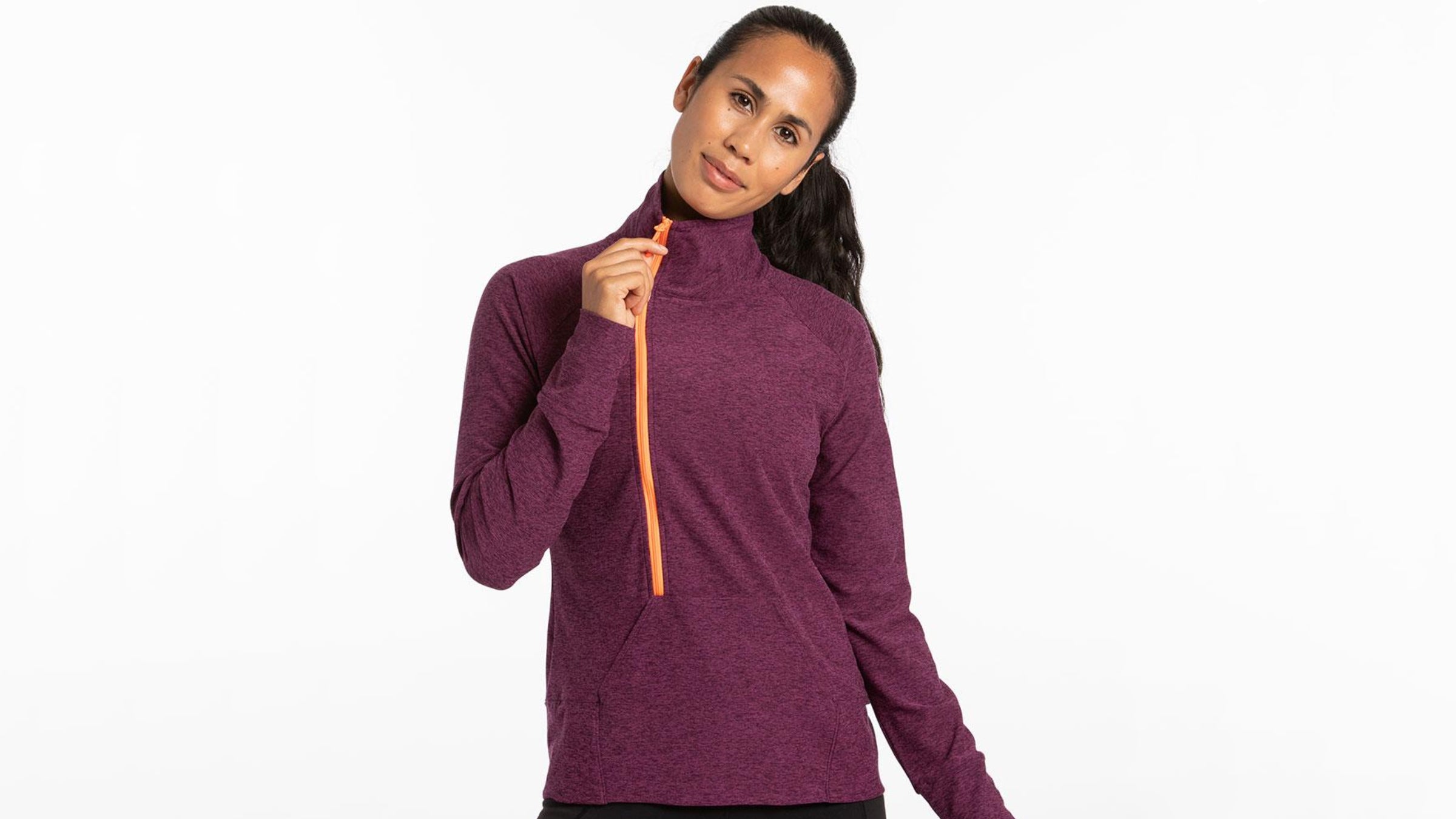 Woman in dark fuchsia zip sweatshirt