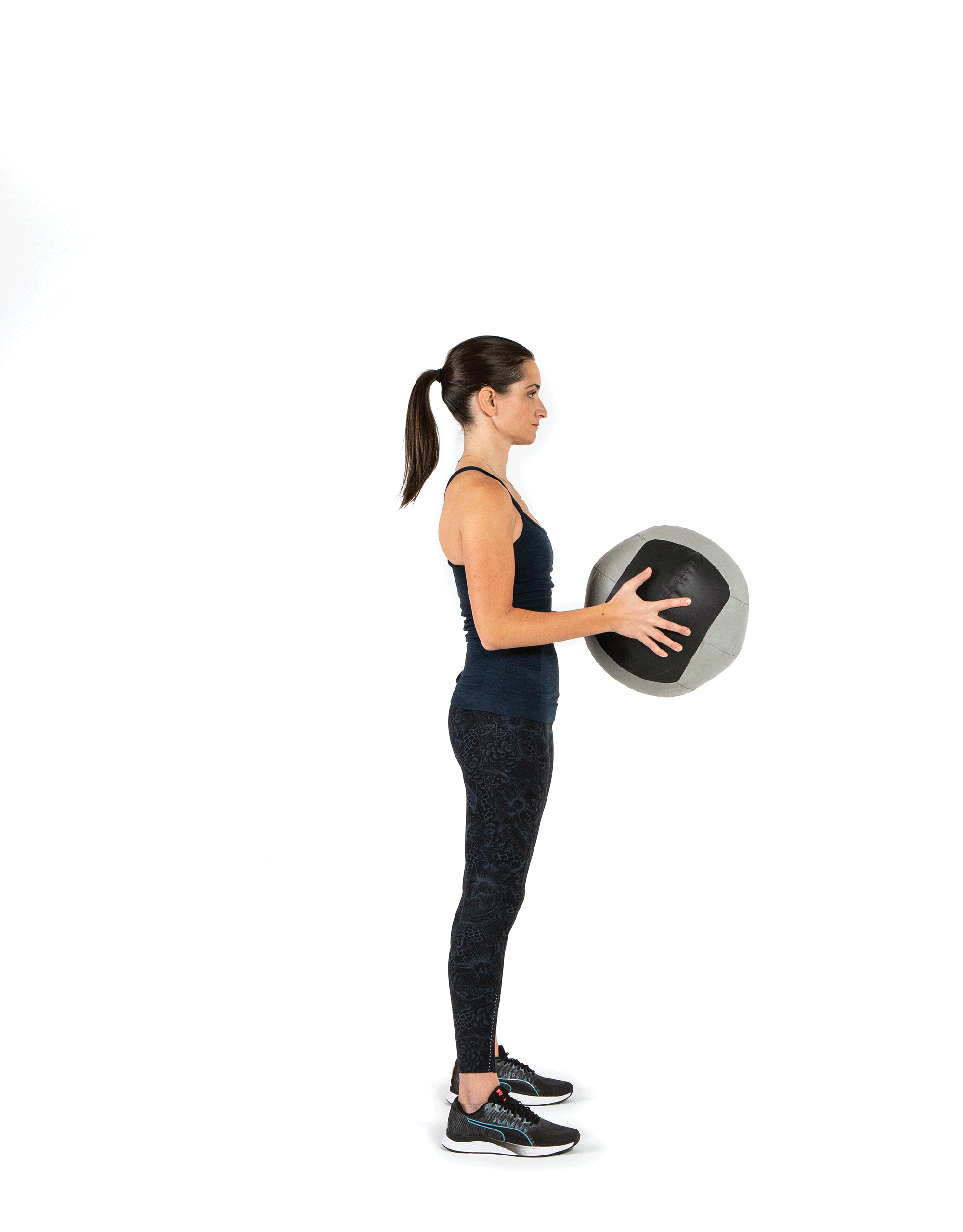 Animation of woman circling medicine ball overhead and tossing it behind her