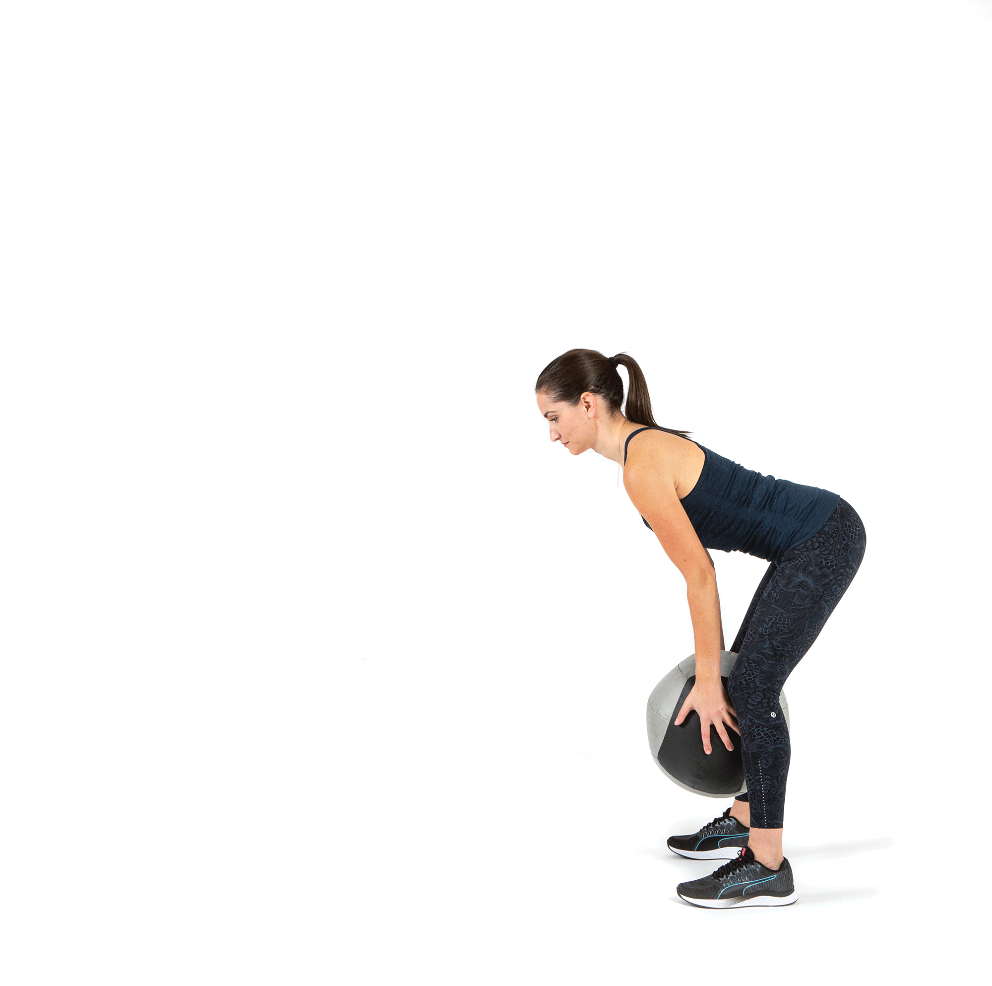 Animation of woman bending over while holding medicine ball and straightening while she throws it in front of her