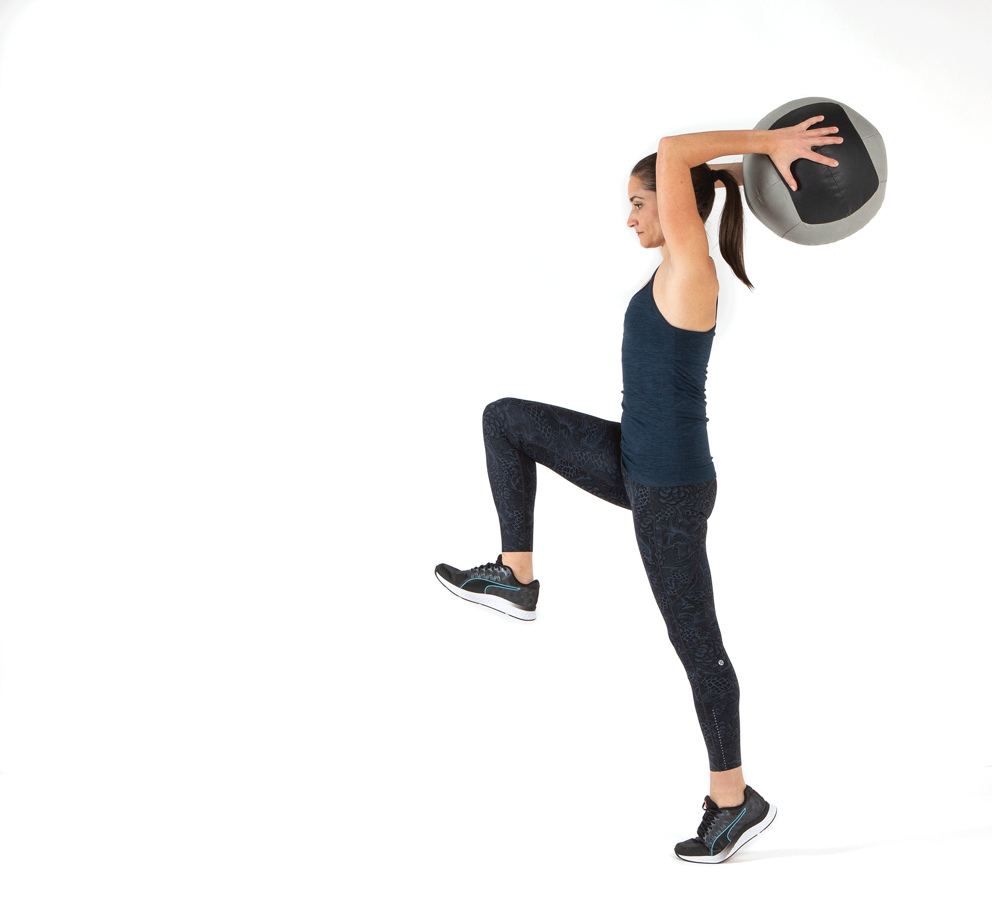 Animation of woman standing, holding medicine ball overhead with one knee lifted, then stomping down and throwing ball