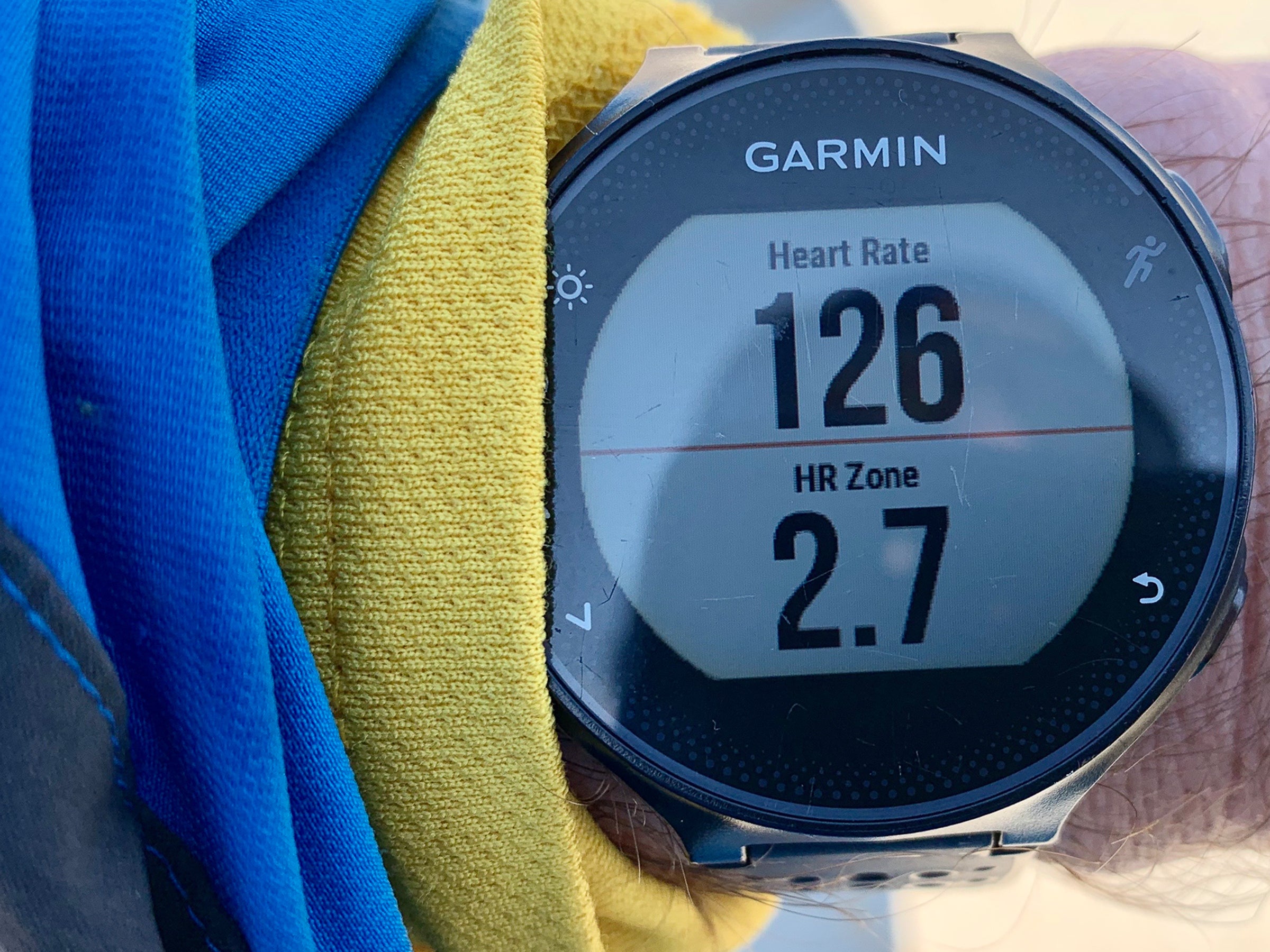 Garmin watch showing heart rate and zones
