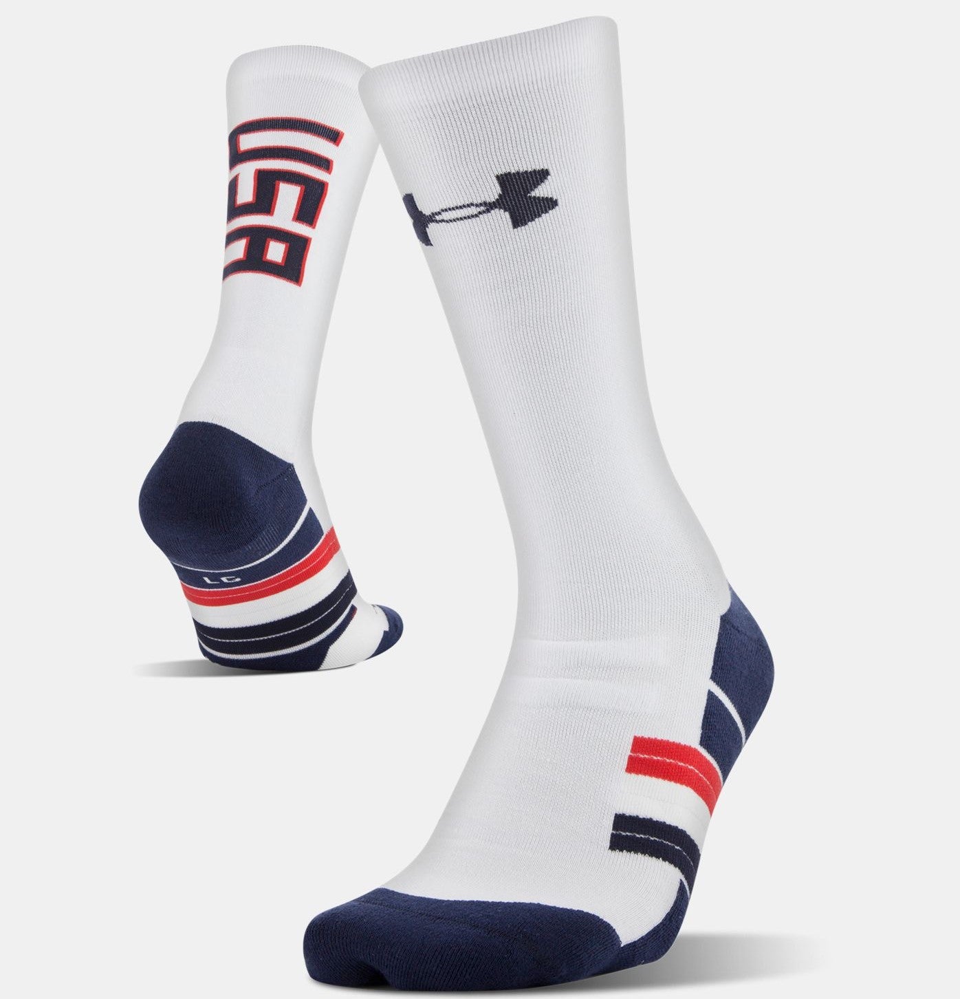 White socks with USA on the calf and navy blue and red soles