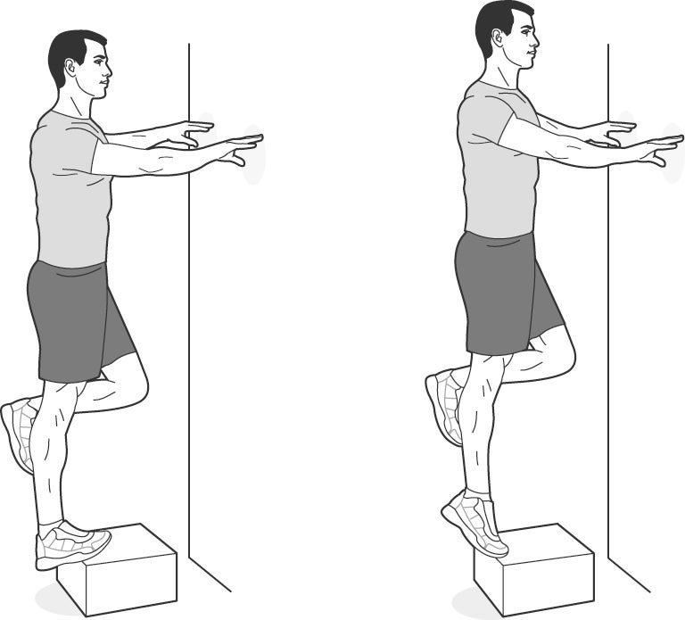 Illustration of a man performing eccentric heel dips