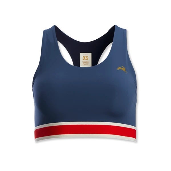 Navy blue bra with red and white chest band