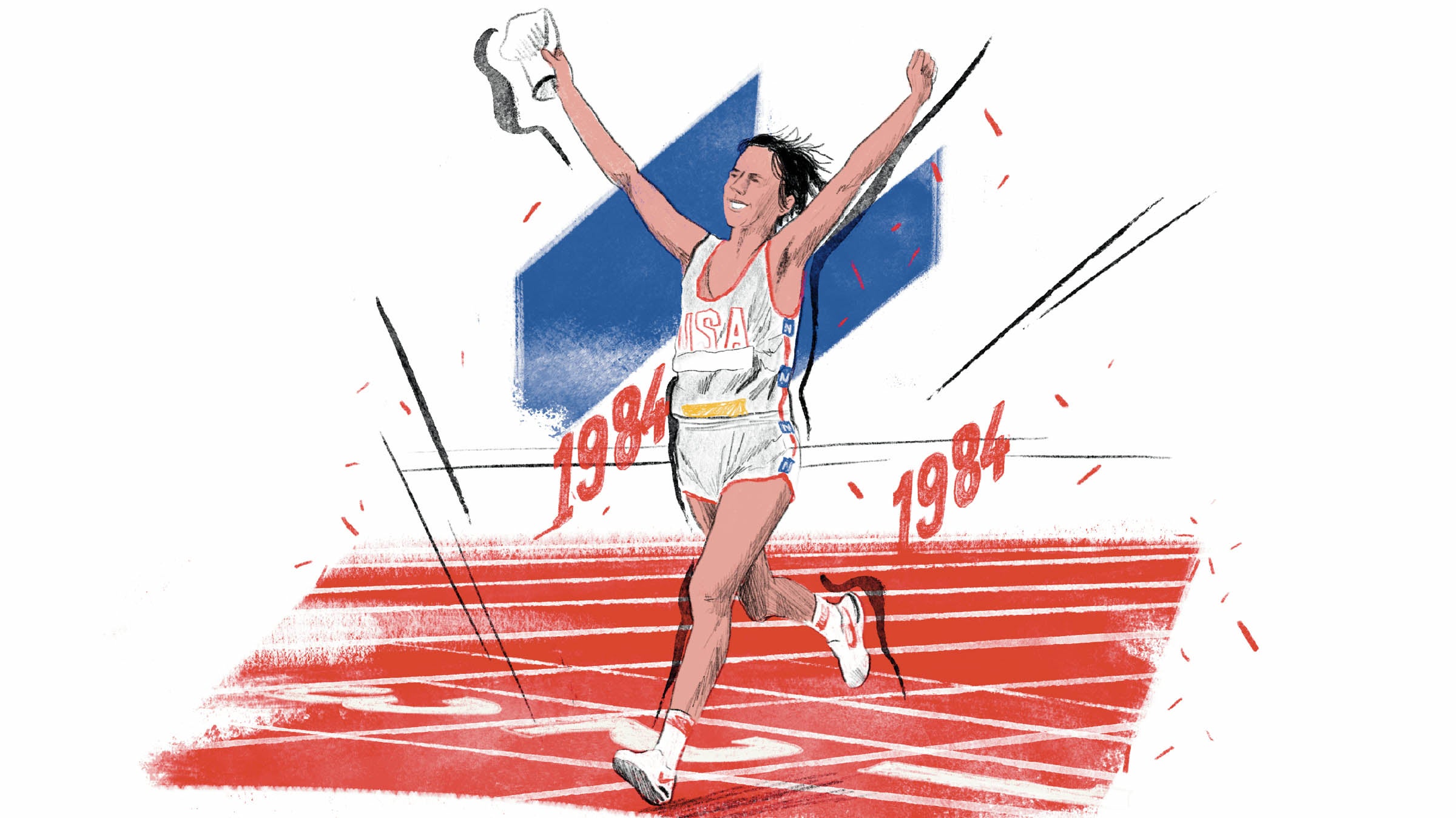 Illustration of Joan Benoit Samuelson winning the 1984 marathon