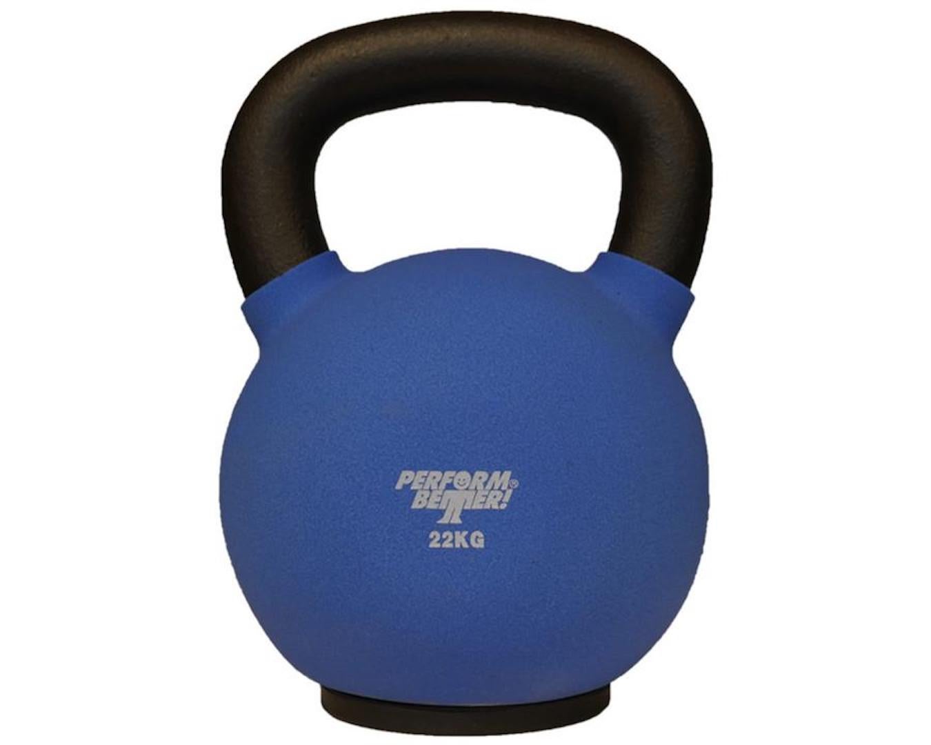 A 22kg blue neoprene coated kettlebell