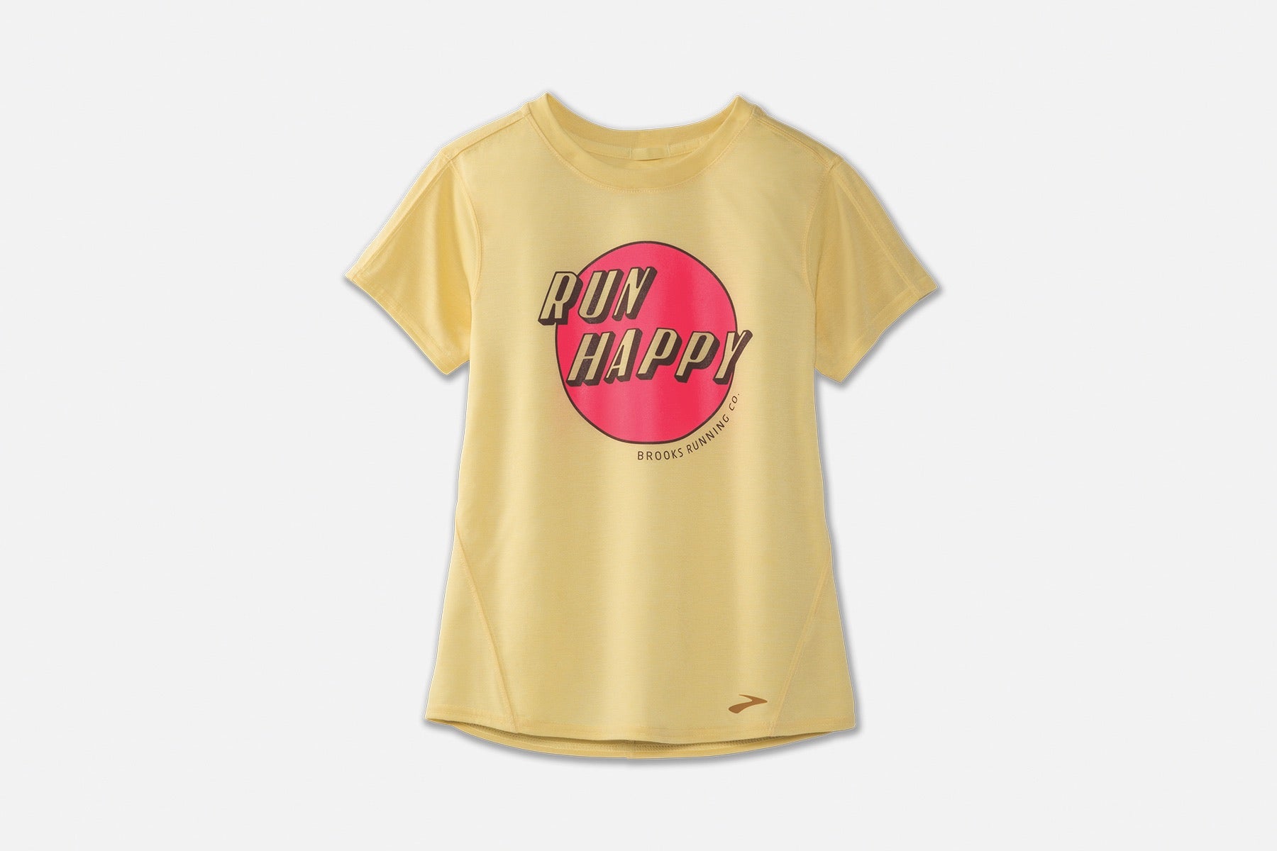 Yellow t-shirt that says "Run Happy"