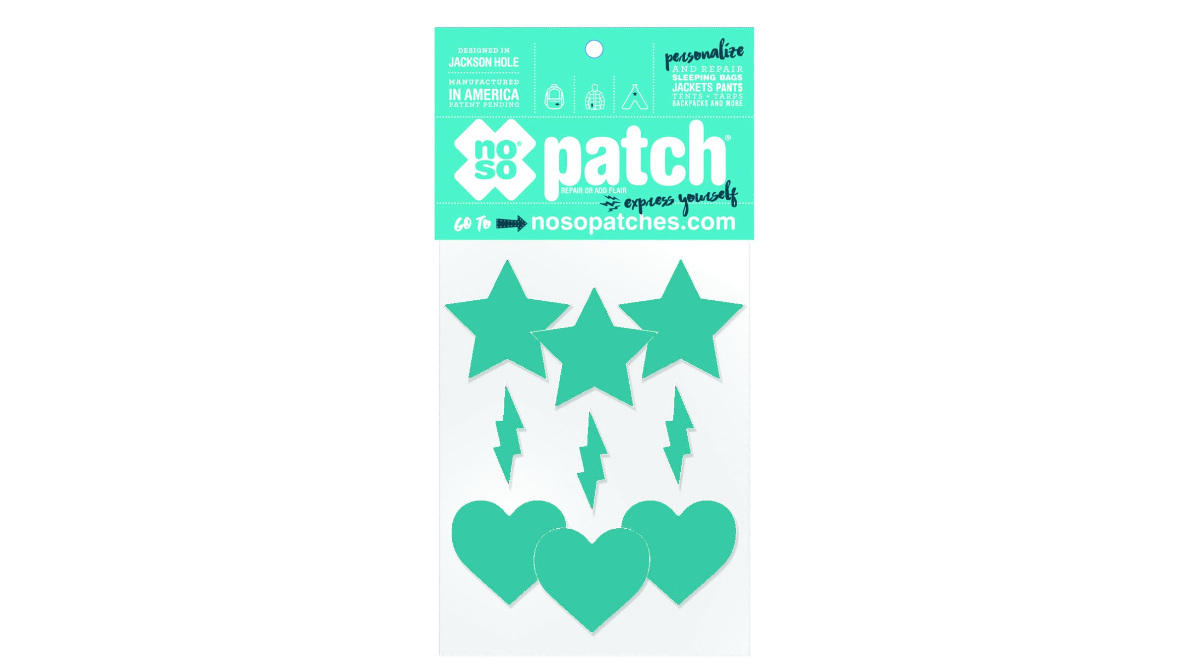 Assortment of teal iron-on patches in different shapes